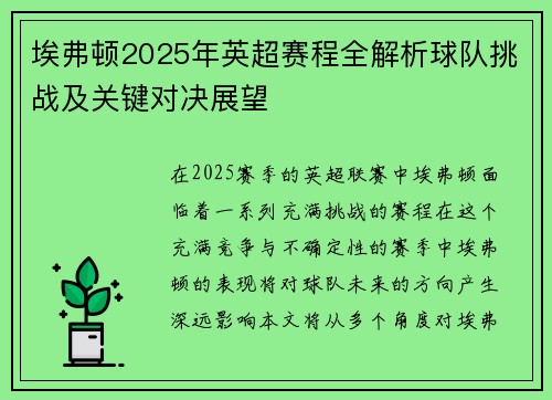 埃弗顿2025年英超赛程全解析球队挑战及关键对决展望