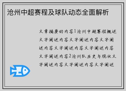 沧州中超赛程及球队动态全面解析