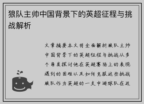 狼队主帅中国背景下的英超征程与挑战解析